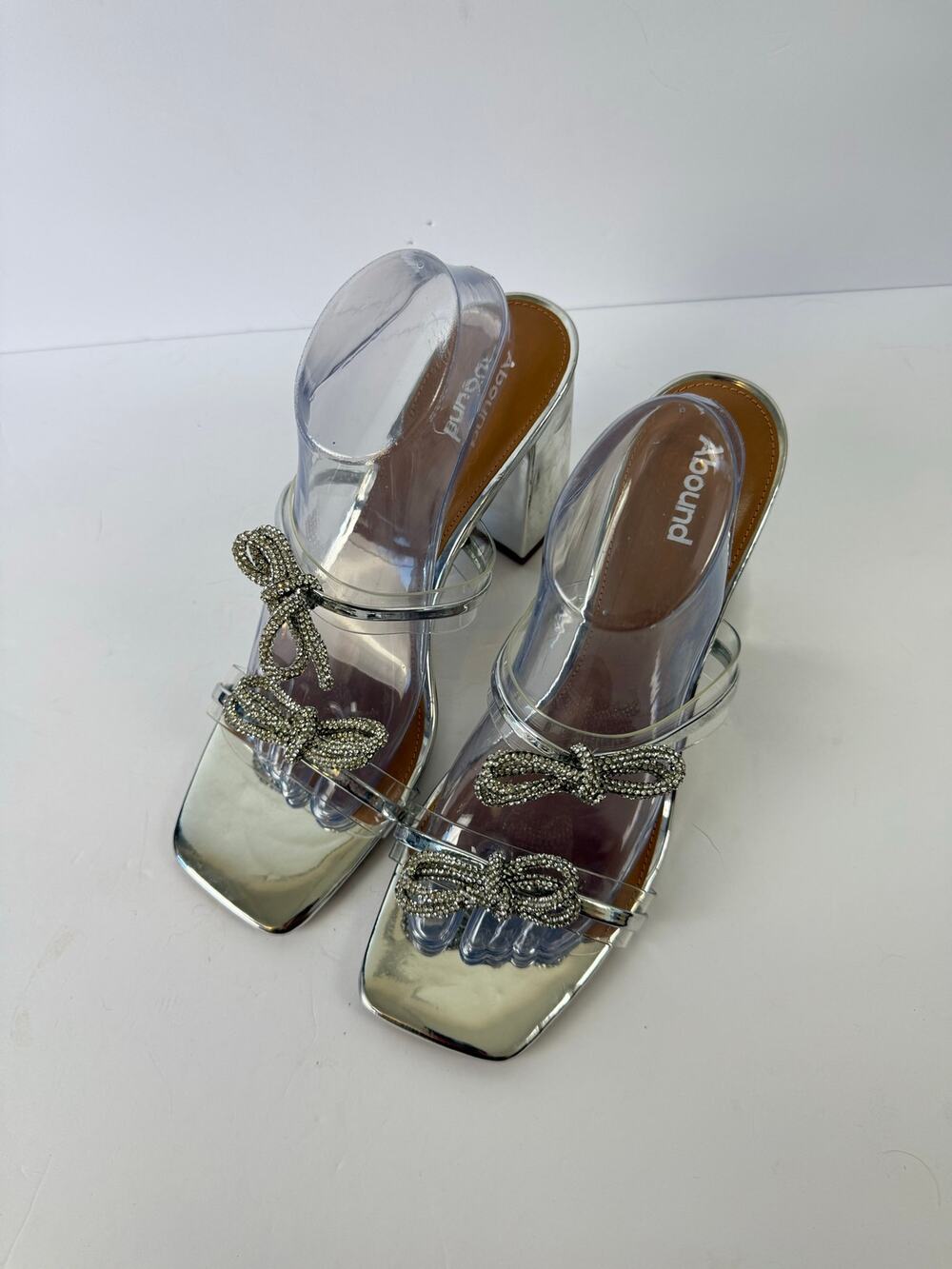Abound NWOT Kitch Square Toe Block Heel Clear & Silver Rhinestone Bow 4"